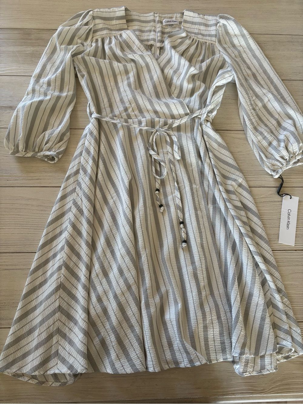 NWT Calvin Klein Gray White Striped Wrap Dress | Size 10 - Picture 2 of 12
